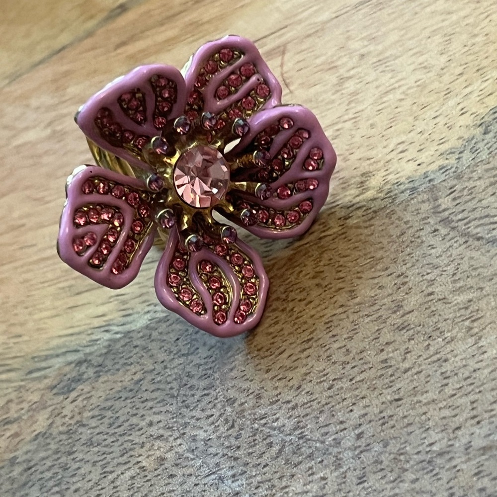Oscar de la Renta Pink Floral Flower Statement Ring Size 6 Crystal Enamel Resin - Picture 11 of 13